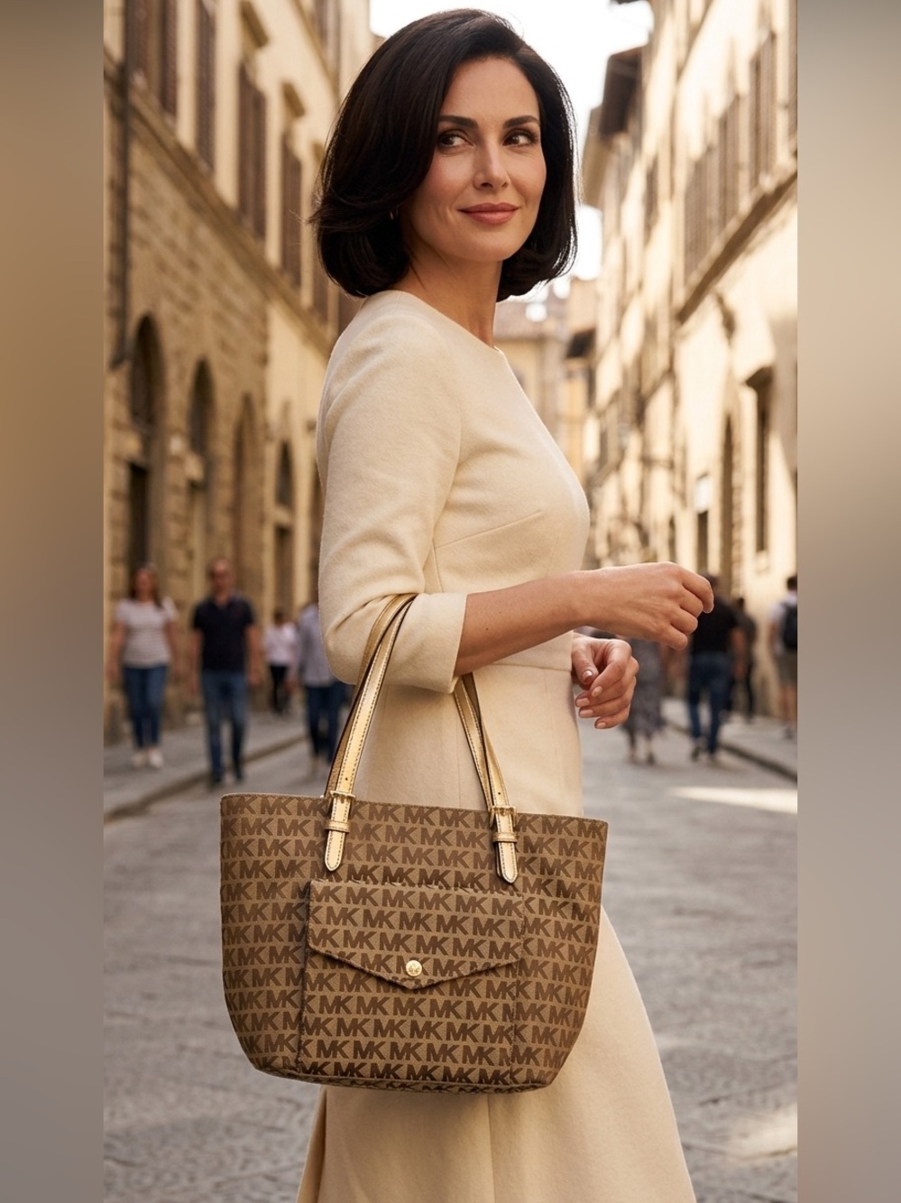 Michael Kors Jet set Signature Pocket MF Tote Brown Khaki Jacquard Leather - Picture 2 of 11
